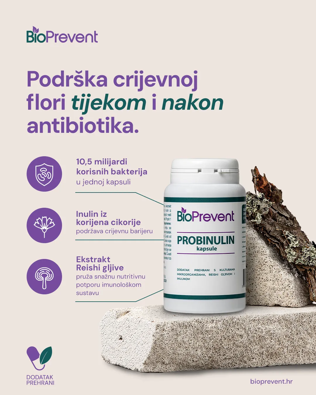 Sastav Probinulina: 10,5 milijardi bakterija, inulin iz korijena cikorije, ekstrakt Reishi gljive